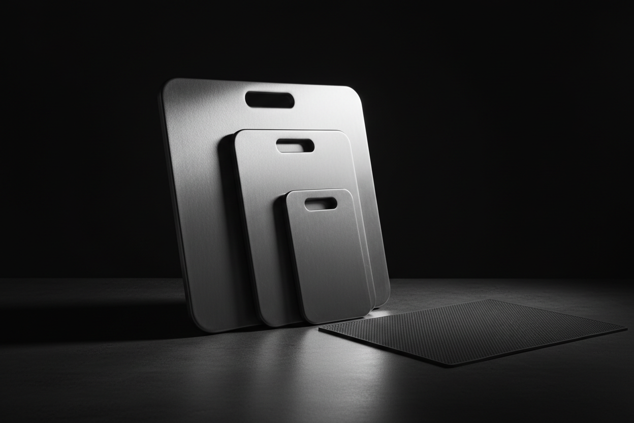 A dramatic, low-key studio photograph of three brushed stainless steel cutting boards in descending sizes (large, medium, small), stacked against each other on a dark, polished concrete countertop. The boards have rounded corners and rectangular cutout handles at the top. Intense, moody side lighting from the left emphasizes the brushed metallic texture and rounded, reflective edges while creating deep shadows. Beside the boards lies a grey, textured silicone non-slip mat. The background is dark and minimal